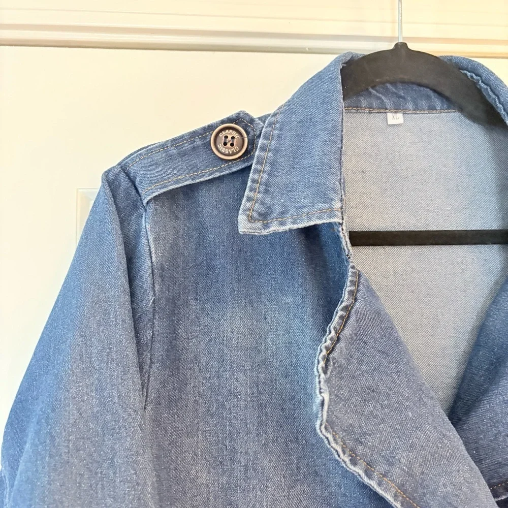 Classic Nautical Preppy Medium Wash Denim Double Breasted Jean Trench Co…